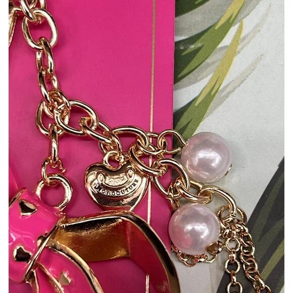 RARE Juicy Couture BOW Keychain Bag Charm Hot Pink Enameled Heart Pearl BLING